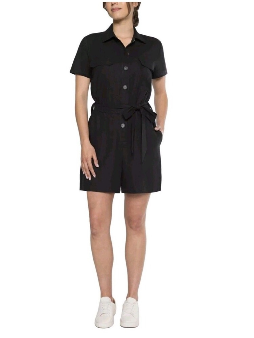 Matty M Black Short-Sleeve Utility Romper with Tie Waist